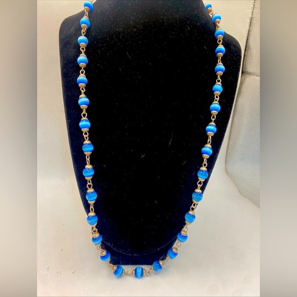 Necklace .925 Sterling Silver Mexico Blue Cat Eye Beads 24”/47.6 grams - Picture 3 of 8